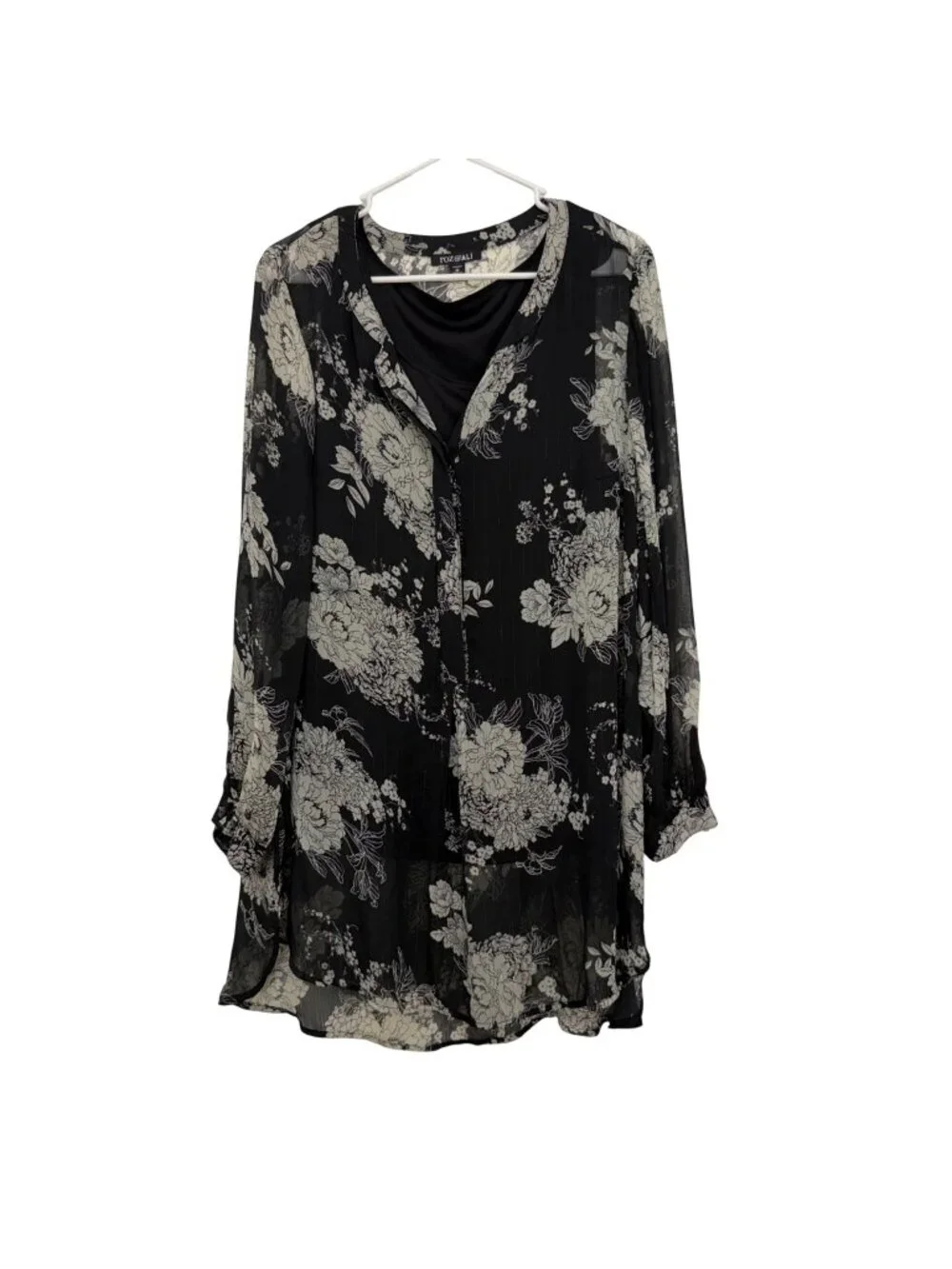 Roz & Ali Black Floral Metalic Sheer Tunic Blouse W/ Lined Tank Top Woman SZ 1X